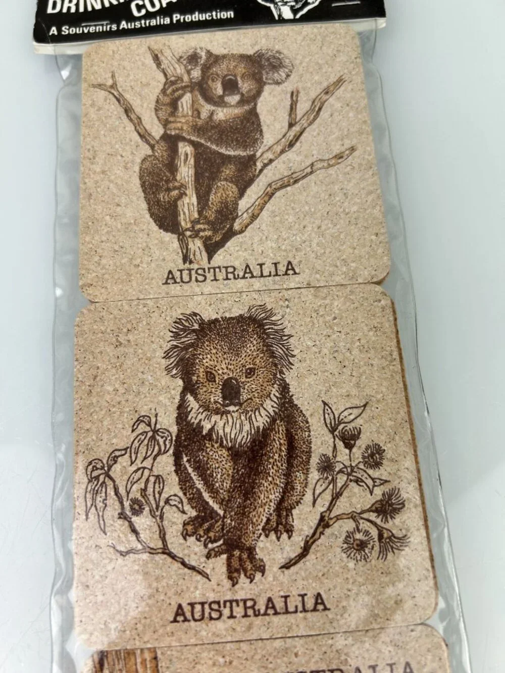 Australia Souvenir Koala Bear Cork Drinking Coasters Set 6 NIP Vintage Barware